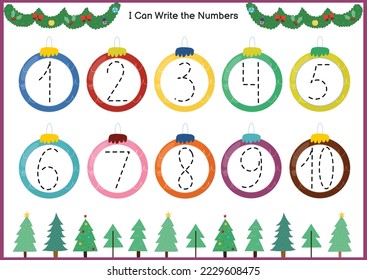 Christmas numbers tracing game for kids. Learn to write numbers 1-10 activity page for preschool. Educational printable worksheet. Vector illustration