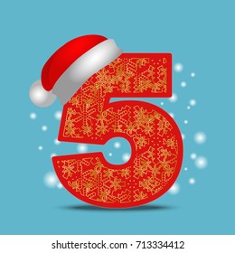 christmas numeral five with snowflakes background. Vector ornamental Number 5 with red  new year santa hat 