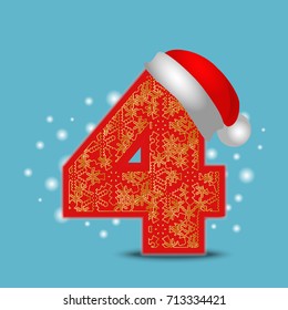 christmas numeral four with snowflakes background. Vector ornamental Number 4 with red  new year santa hat 