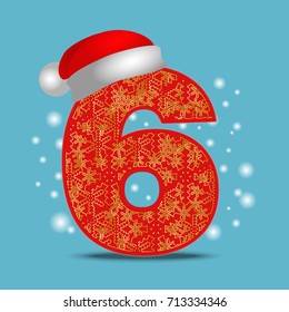 christmas numeral six with snowflakes background. Vector ornamental Number 6 with red new year santa hat 