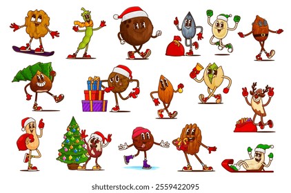 Christmas nut and bean groovy characters. Cartoon seeds dressed in festive xmas santa hats and scarves, engaging in holiday activities like sledding, gifts giving, decorating promoting healthy eating