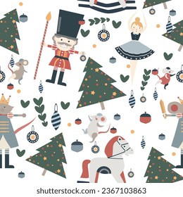 Christmas nutcracker with ballerina seamless pattern