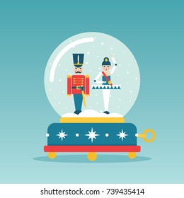 Christmas Nutcracker and ballerina snow globe music box vector illustration