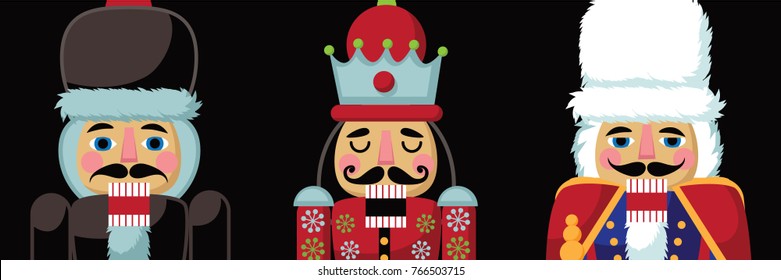 Christmas Nutcracker Cartoon Illustration. Three Wooden Soldier Toy Nut Cracker Gifts From The Ballet. EPS 10 Vector Illustration.