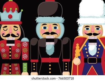 Christmas nutcracker cartoon illustration. Three wooden soldier nut cracker toy gifts from the ballet. EPS 10 vector illustration.