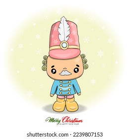 Christmas nutcracker cartoon illustration. Vector christmas card with nutcracker. Flat Holiday design with nutcracker on green background. Cartoon flat style ideal for cards posters,social media.