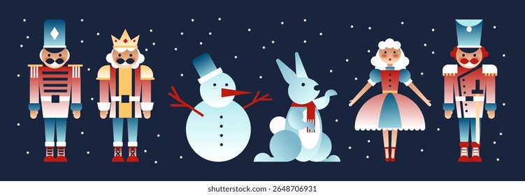 Christmas nutcracker collection with soldiers and king, snowman and blue rabbit, dancing fairy princess in pink ballet dress. Festive holiday characters on dark starry background for winter decoration