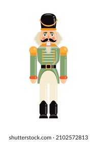 Christmas Nutcracker concept. Colorful poster with toy man in green soldier uniform. Design element for social networks and postcards. Cartoon flat vector illustration isolated on white background