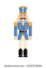 Christmas Nutcracker concept. Colorful sticker with toy by man in old blue officer uniform. Design element for greeting cards and covers. Cartoon flat vector illustration isolated on white background