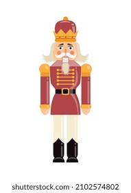 Christmas Nutcracker concept. Colorful sticker with wooden toy by man in beautiful military uniform. Design element for greeting cards. Cartoon flat vector illustration isolated on white background