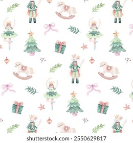 Christmas Nutcracker Cute Ballerina Pattern in Watercolor Style