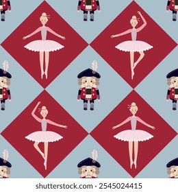 Christmas nutcracker and dancing ballerinas toy pattern. Red and blue squares vector endless background.