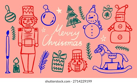 Christmas nutcracker, gifts, tree. Greeting hand drawn set.