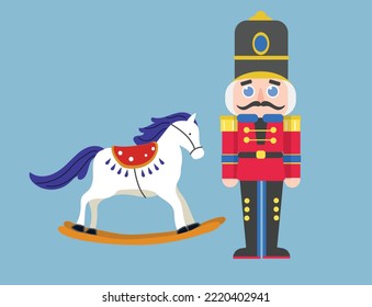 Christmas nutcracker and horse, colorful design, vector illustration.