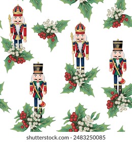 Christmas nutcracker and mistletoe seamless pattern. Holiday decoration wallpaper.	