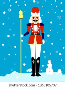 Christmas Nutcracker on a snowy background with a neutral snowman stately, classic, elegant, festive, Christmas!Background for printing a brochure, poster, party, vintage textile design, greeting card