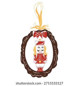 Christmas nutcracker ornament with a bow  in simple hand drawn style. Vintage art with festive colors for Holiday celebration. Vector whimsical illustration for cards, packaging, sticker
