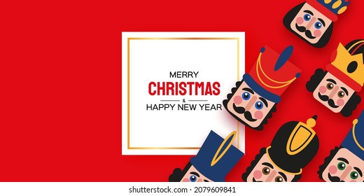 Christmas Nutcracker in paper cut style. Cute soldier toy. December Ballet party. Creative Merry Xmas invitation. Happy New Year. Winter holidays. Space for text.