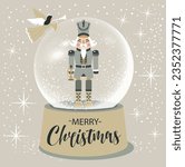 Christmas Nutcracker in snow glass globe Vector Illustration on Light Background.