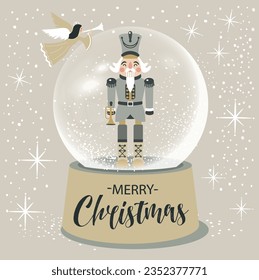 Christmas Nutcracker in snow glass globe Vector Illustration on Light Background.