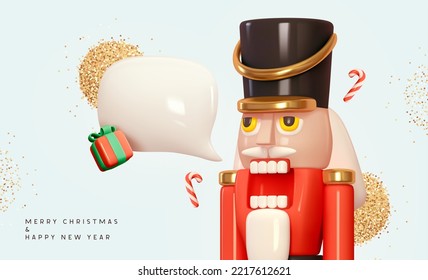 Christmas Nutcracker Soldier with dialogue bubble clear text. Realistic 3d cartoon characters. Greeting card, holiday banner, celebrate poster. Cover for promo flyers, brochures. vector illustration