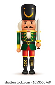 Christmas nutcracker soldier with sword. Antique traditional figurine doll.