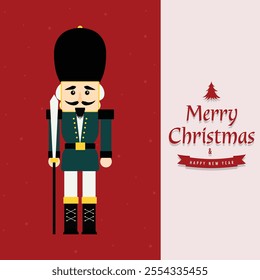 Christmas nutcracker soldier with sword. Antique traditional figurine doll. Vector Christmas illustration in Scandinavian style. Cute nutcracker with mistletoe, Christmas holiday greeting card.