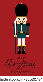 Christmas nutcracker soldier with sword. Antique traditional figurine doll. Vector Christmas illustration in Scandinavian style. Cute nutcracker with mistletoe, Christmas holiday greeting card.