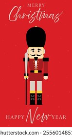 Christmas nutcracker soldier with sword. Antique traditional figurine doll. Vector Christmas illustration in Scandinavian style. Cute nutcracker with mistletoe, Christmas holiday greeting card.