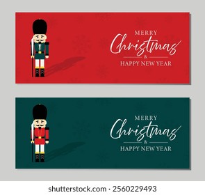 Christmas nutcracker soldier with sword. Antique traditional figurine doll. Vector Christmas illustration in Scandinavian style. Cute nutcracker with mistletoe, Christmas holiday greeting card.