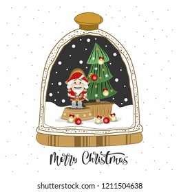 Christmas Nutcracker statue with the inscription. Sketch for greeting card, holiday poster or party invitation. Attributes of Christmas and New year. Vector illustration.