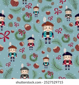 Christmas nutcracker toy pattern with nuts, cones and christmas wreath. Flat style vector endless pattern on light blue background. Design element for winter holidays. Isolated vector illustration