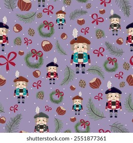 Christmas nutcracker toy pattern with nuts, cones and christmas wreath. Flat style vector endless pattern on light violet background. Design element for winter holidays. Isolated vector illustration