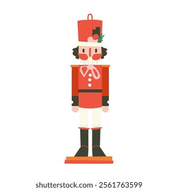 Christmas Nutcracker toy soldier traditional figurine. Vector illustration in flat style, isolated on a white background. Winter holiday decor