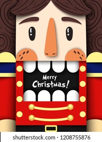 Christmas nutcracker vector illustration in paper cut style. Cool wooden soldier toy from ballet with open mouth and space for text. Creative Merry Xmas background, card, banner, flyer, party invite