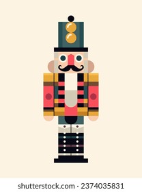 Christmas nutcracker. Vector illustration of a toy in geometric bauhaus style. Colorful mosaic.