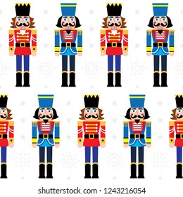 Christmas nutcracker vector seamless pattern - soldier figurine repetitive ornament with snowflakes on white background