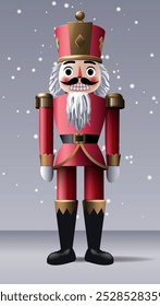 Christmas Nutcracker. Xmas toy is soldier on snowing background. Realistic 3d character in cartoon style, vector illustration