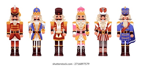 Christmas nutcrackers set. Xmas children's toys. Designs of wooden figurines of winter holidays' character. New Year's soldiers with mustaches. Flat isolated vector illustrations on white background
