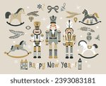 Christmas Nutcrackers Vector Illustration on Light Background. Postcard. Childish rocking horses. New Year illustration.
