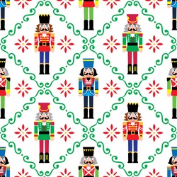 Christmas Nutcrackers Vector Seamless Pattern - Xmas Soldier Figurine Repetitive Ornament, Textile Design. 
Nutcracker Ornament, Festive Repetitive Wallpaper On White Background, Holidays Decotion
