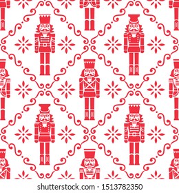 Christmas nutcrackers vector seamless pattern - Xmas soldier figurine repetitive red and white ornament, textile design. Nutcracker soldier ornament, festive repetitive wallpaper, holidays decoration