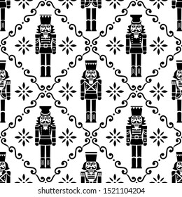 Christmas nutcrackers vector seamless pattern - Xmas soldier figurine repetitive black and white ornament, textile design. Nutcracker soldier monochrome ornament, festive repetitive wallpaper, holiday