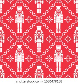 Christmas nutcrackers vector seamless pattern - Xmas soldier figurine repetitive white ornament on red, textile design. Nutcracker soldier ornament, festive repetitive wallpaper, holidays Xmas 