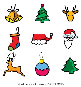 Christmas object 9 icons set, with bell, gift, box, tree, reindeer, sock, deer, glass ball, Santa Claus and hat. Cartoon vector illustration. For xmas and New Year holiday celebration design.