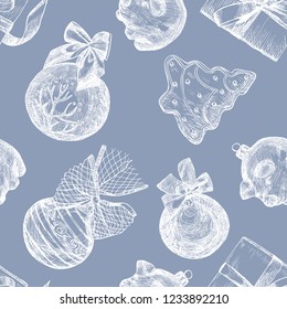 Christmas object seamless pattern. Hand drawn vector background.