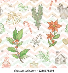 Christmas object seamless pattern. Hand drawn sketch background. Xmas plant & symbol. Holiday Holly, mistletoe, candy cane, poinsettia, ginger house cookie, fir tree, cup. Isolated vector illustration