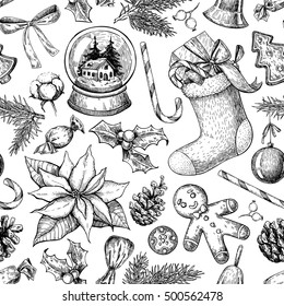 Christmas object seamless pattern. Hand drawn vector background. Xmas plants and symbols. Holiday Holly, mistletoe, sock, stocking, poinsettia, gift, ginger man cookie, snow globe, candy, fir tree