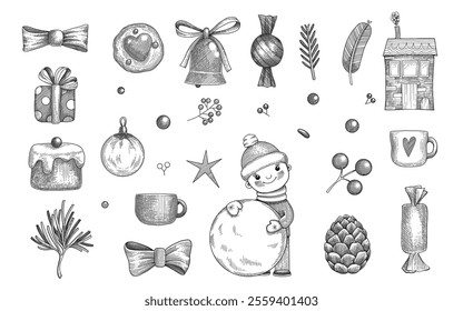 Christmas object set. Hand drawn vector illustration. Xmas collection. Holiday engraved holly, mistletoe, wreath, sock, stocking, gift, fir tree, pine cone, gingerbread man cookie, bell and bow white