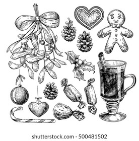 Christmas object set. Hand drawn vector illustration. Xmas icons collection. Holiday engraved decorations. Holly, mistletoe, gingerbread man, mulled wine, pine cone, candy, xmas ball